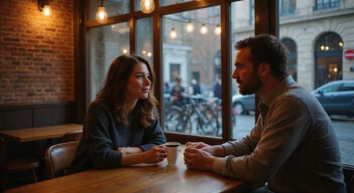 Twee volwassenen hebben een intiem gesprek over een sexdate in Aalst in een café.