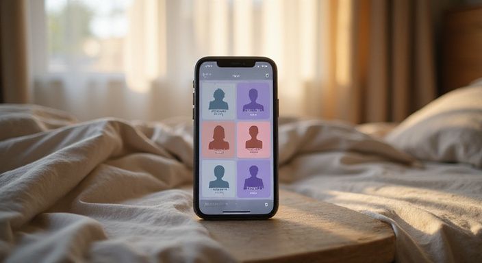 Een smartphone toont een datingapp met profielkaarten op een nachtkastje.