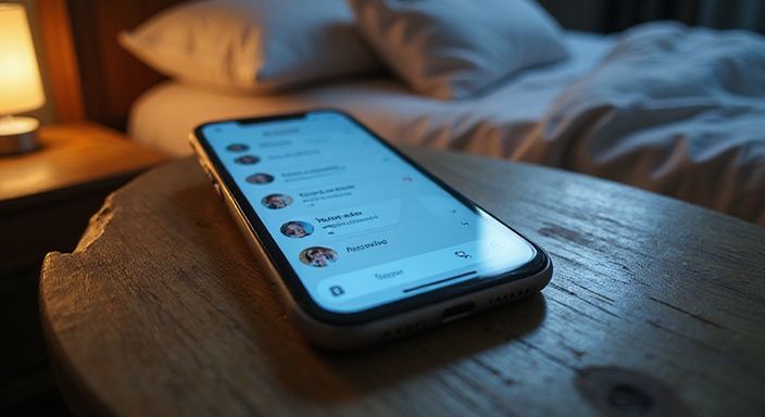 Een smartphone op een versleten houten tafel met een datingapp interface.