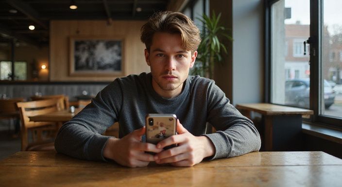 Een jongvolwassene verdiept in een datingapp voor een sexdate in Aalst in een café.