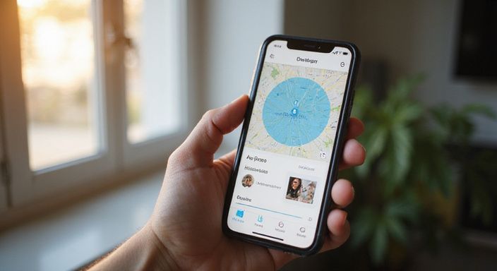 Een smartphone toont een datingapp met een topografische kaart van Aalst.