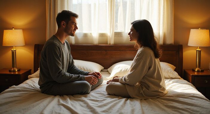 Twee vrienden zitten op een bed en hebben een intiem gesprek over hun sexdate in Aalst.