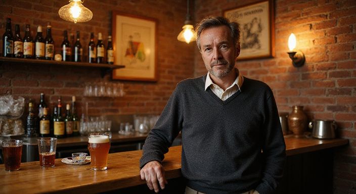 Een contemplatieve man leunt ontspannen tegen een houten bar in Aalst.