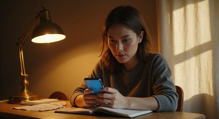 Een geconcentreerde vrouw werkt aan een smartphone in een thuiswerkplek.