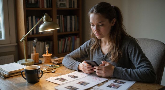 Een vrouw onderzoekt gedetailleerd foto's en notities aan haar bureau.