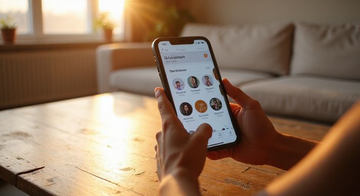 Een close-up van een smartphone met een dating-app interface voor een sexdate in Brugge.