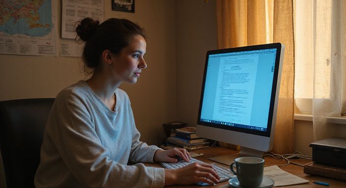 Een geconcentreerde vrouw werkt aan haar bureau met persoonlijke spullen.
