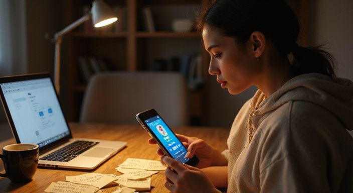 Een vrouw analyseert een datingprofiel voor een sexdate in Brugge met aandacht en voorzichtigheid.