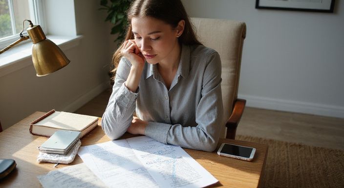 Een vrouw in focus, bestudeert financiële documenten in haar thuiskantoor.