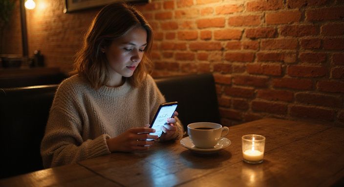 Een vrouw bekijkt een datingapp voor een sexdate in Brugge in een Brugse café.