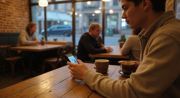 Een jongvolwassene bekijkt een datingapp in een café. Een jongvolwassene bekijkt een datingapp in een café.
