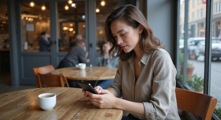 Een vrouw in een café, ontspannen en met haar smartphone bezig. Een vrouw in een café, ontspannen en met haar smartphone bezig.