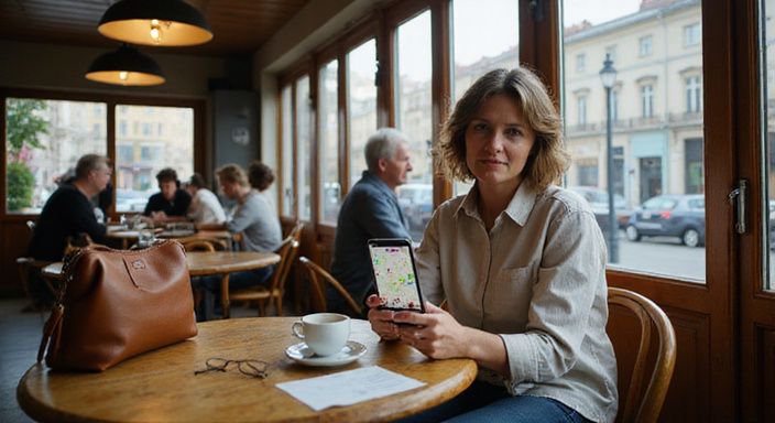 Een vrouw geniet van koffie en onderzoekt een kaart in een café. Een vrouw geniet van koffie en onderzoekt een kaart in een café.