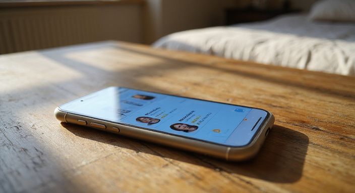 Een smartphone met een dating-app ligt op een verweerd eiken tafel. Een smartphone met een dating-app voor een sexdate in Leuven ligt op een verweerd eiken tafel.