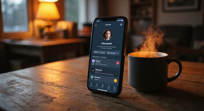 Een smartphone op een houten bureau met een dating-app en koffie. Een smartphone op een houten bureau met een dating-app voor een sexdate in Leuven en koffie.