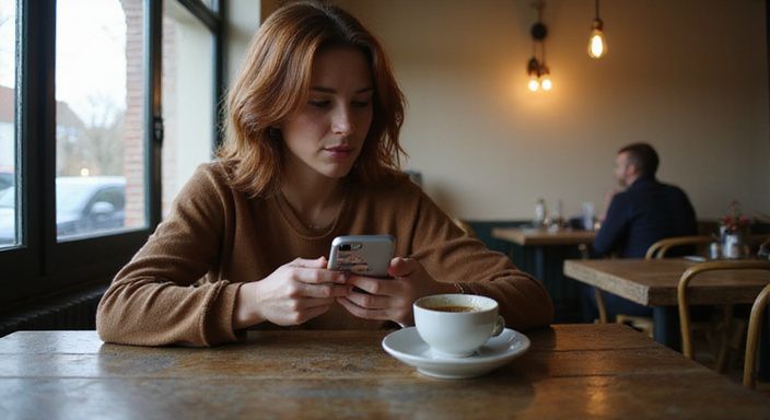 Een vrouw verdiept in haar smartphone in een café. Een vrouw verdiept in haar smartphone in een café.