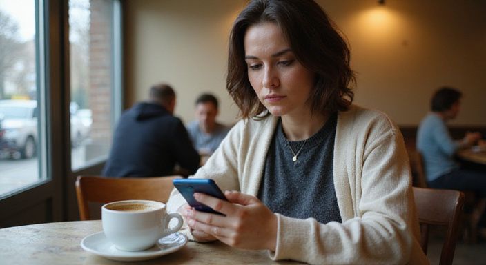 Een vrouw in de dertig praat aandachtig via haar smartphone. Een vrouw in de dertig zoekt op haar smartphone naar een sexdate in Leuven.