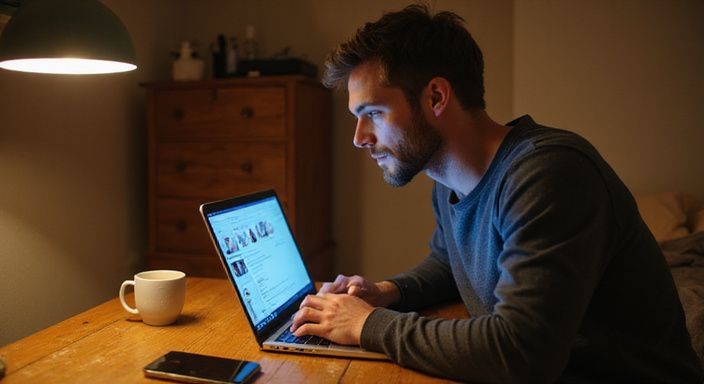 Een man zit aan een bureau en kijkt geconcentreerd naar een laptop. Een man zit aan een bureau en en zoekt een laptop naar een sexdate in Luik.