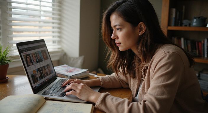 Een vrouw in een huiselijke kantoorruimte bekijkt kritisch datingprofielen. Een vrouw in een huiselijke kantoorruimte bekijkt kritisch datingprofielen voor en sexdate in Luik.
