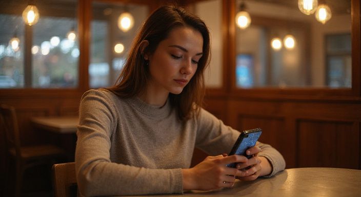 Een vrouw in een café, verdiept in haar smartphone. Een vrouw in een café, zoekt op haar smartphone naar een sexdate in Luik.