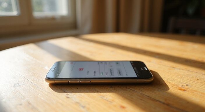 Een smartphone ligt op een houten tafel met een dating-app-interface. Een smartphone ligt op een houten tafel met een dating-app-interface voor een sexdate in Luik.