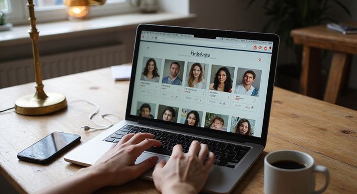 Een laptop met een datingwebsite staat op een bureau. Een laptop met een datingwebsite staat op een bureau.