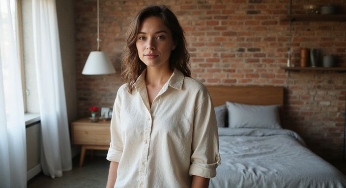 Een ontspannen vrouw in een oversized linnen shirt in haar slaapkamer. Een ontspannen vrouw in een oversized linnen shirt in haar slaapkamer.