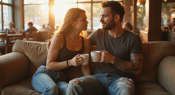 Een vrouw en man genieten van koffie op een versleten bank. Een vrouw en man genieten van koffie op een versleten bank.