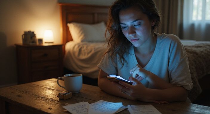 Een vrouw zit nadenkend met haar smartphone aan een tafel. Een vrouw zit nadenkend met haar smartphone aan een tafel.