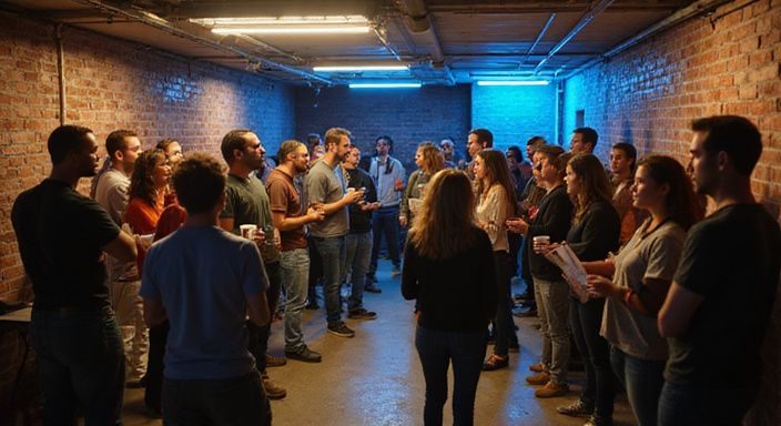 Groep volwassenen in een kelderruimte tijdens een informele bijeenkomst. Groep volwassenen in een kelderruimte tijdens een informele bijeenkomst.