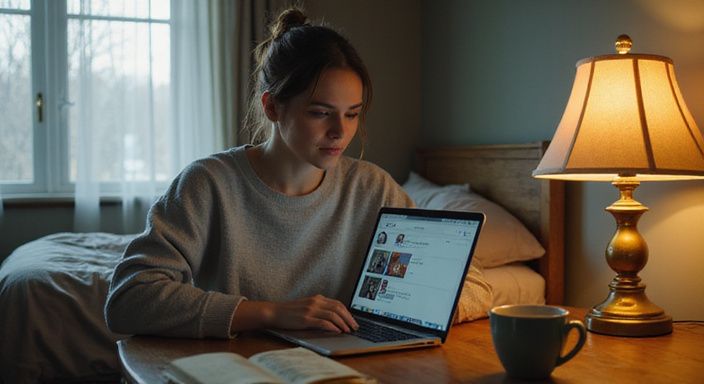 Een vrouw in een sweater kijkt gefocust naar haar laptop. Een vrouw in een sweater kijkt gefocust naar haar laptop.