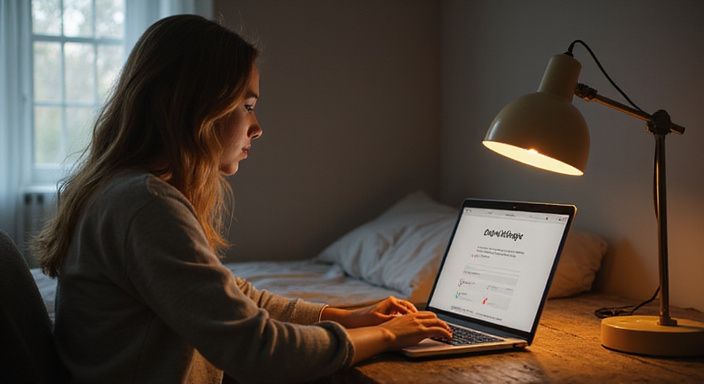 Een persoon werkt geconcentreerd aan een laptop op een minimalistisch bureau. Een persoon werkt geconcentreerd aan een laptop op een minimalistisch bureau.