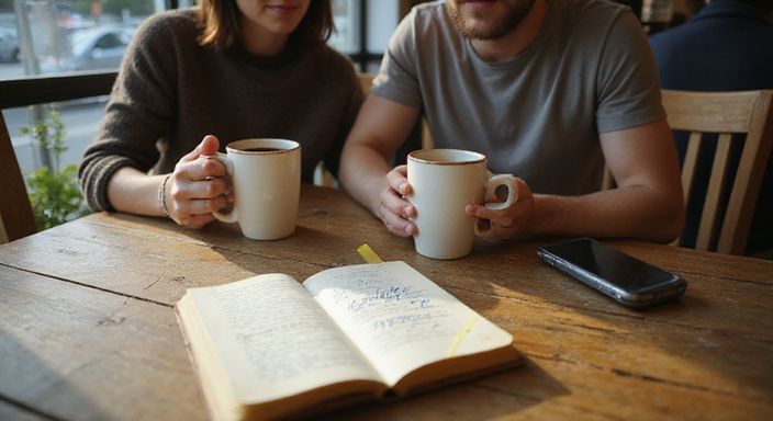 Twee mensen zitten aan een tafel met koffie en notities. Twee mensen zitten aan een tafel met koffie en notities.