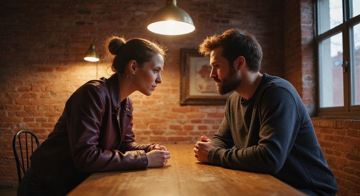 Twee volwassenen in een intieme gesprek aan een versleten tafel. Twee volwassenen in een intieme gesprek aan een versleten tafel.