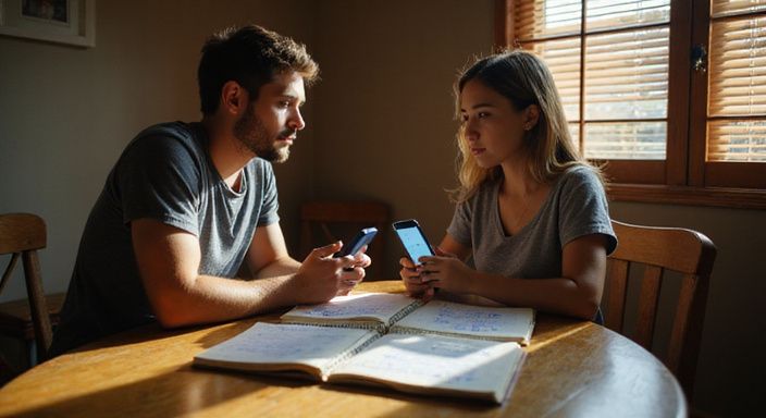 Twee jonge volwassenen bespreken relatiegrenzen met smartphones en notitieboekje. Twee jonge volwassenen bespreken relatiegrenzen met smartphones en notitieboekje.