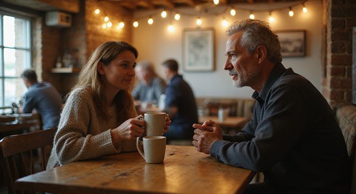 Een vrouw en man genieten van een intiem gesprek in een café. Een vrouw en man genieten van een intiem gesprek over een geheime sexdate in een café.