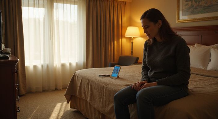 Een vrouw zit op bed, geconcentreerd kijkend naar haar smartphone. Een vrouw zit op bed, geconcentreerd kijkend naar haar smartphone.