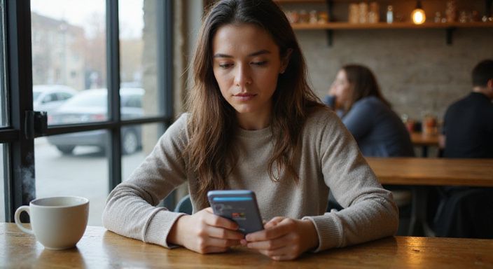 Een vrouw concentreert zich op een datingapp in een café. Een vrouw concentreert zich op een datingapp voor een geheime sexdate in een café.