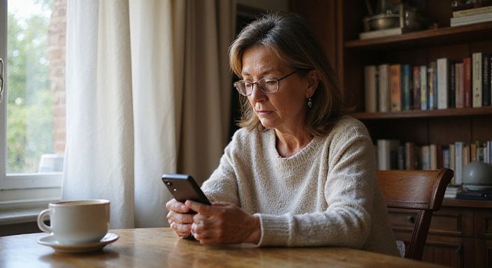 Vrouw in vijftig met smartphone, thee, en boekenopstelling achter haar.