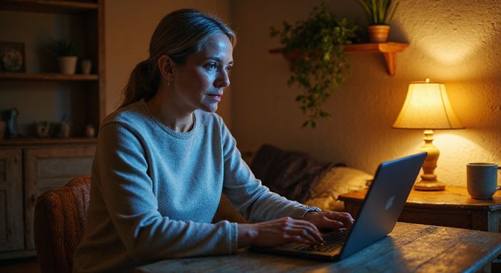 Een vrouw van in de vijftig werkt geconcentreerd achter haar laptop
