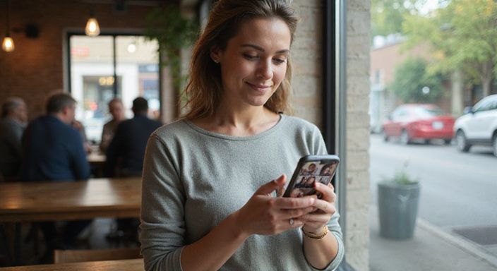 Een vrouw in casual kleding bekijkt een datingsite voor oudere vrouwen sexdating op haar smartphone.