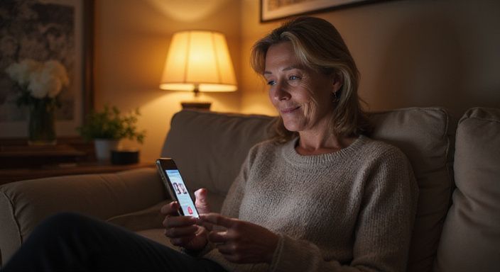 Vrouw scrollt ontspannen op smartphone op een comfortabele bank.