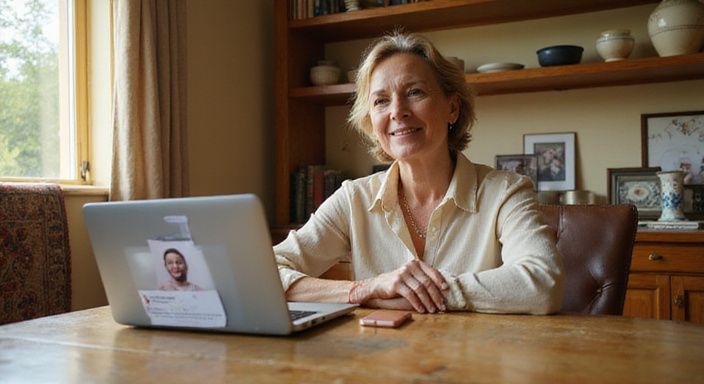 Een vrouw in haar late 50s glimlacht terwijl ze online daten.