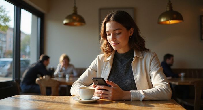 Een verouderde cafétafel met een smartphone, espresso en een kaart. sexdate in West-Vlaanderen