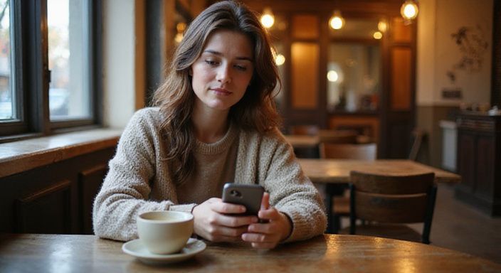 Een vrouw in een café met een contemplatieve glimlach en smartphone. Een vrouw in een café met een contemplatieve glimlach en smartphone.