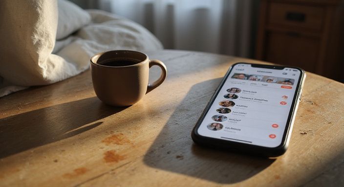 Een smartphone toont een dating-app op een verweerd tafelblad. Een smartphone toont een dating-app op een verweerd tafelblad.