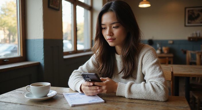 Een vrouw overdenkt dating-app opties in een café. Een vrouw overdenkt dating-app opties in een café.