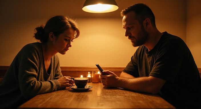 Een man en vrouw zijn verdiept in hun smartphones aan tafel. Een man en vrouw zijn verdiept in hun smartphones aan tafel.