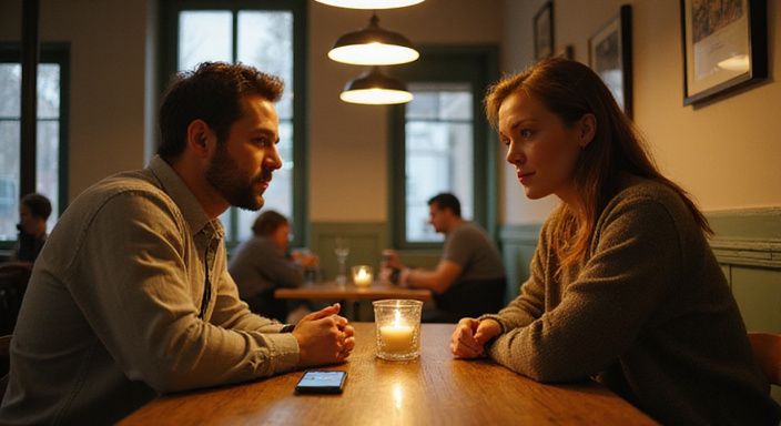 Twee mensen delen een intiem gesprek in een café in Brugge. Twee mensen delen een intiem gesprek over een sexdate in West-Vlaanderen in een café in Brugge.