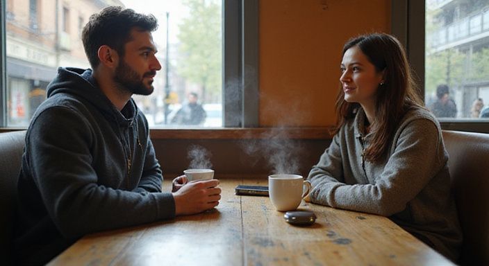 Twee ontspannen mensen delen een intiem gesprek in een café. Twee ontspannen mensen delen een intiem gesprek over een sexdate in West-Vlaanderen in een café.